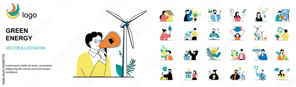 Leinwandbilder Green energy concept with character situations mega set. Bundle of scenes people using alternative clean energy resources with wind turbines or solar panels. Vector illustrations in flat web design