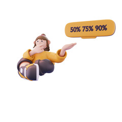 girl again sitting while promoting discount pose from left