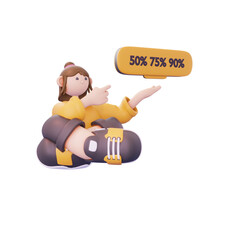 girl again sitting while promoting discount pose from right