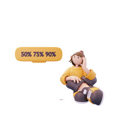 girl sitting thinking about discount price posing from front