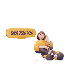 girl sitting thinking about discounted price posing from right