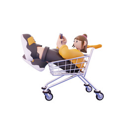 girl sitting in a shopping trolley playing the handpone pose from the front