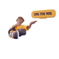 man again sitting while promoting discount pose from left