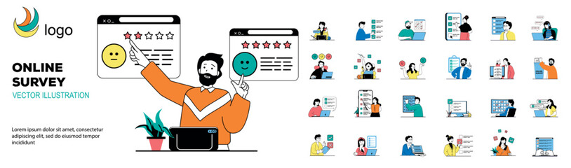 Online survey concept with character situations mega set. Bundle of scenes people passing tests and answering quiz questions, giving feedback in digital forms. Vector illustrations in flat web design - obrazy, fototapety, plakaty