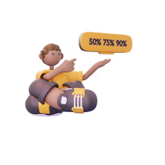 man again sitting while promoting discount pose from right
