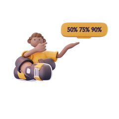 man again sitting while promoting discount pose from front