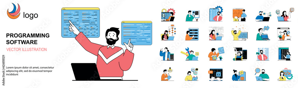 Leinwandbilder Programming software concept with character situations mega set. Bundle of scenes people working with program code, engineering applications, making scripts. Vector illustrations in flat web design