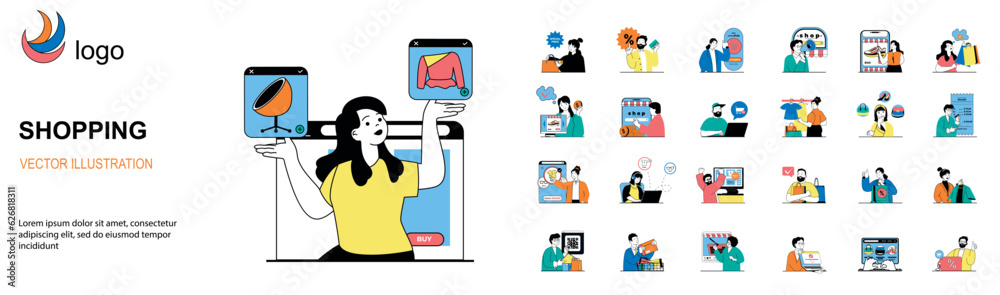 Aufkleber shopping concept with character situations mega set. bundle of scenes people making purchases at sal