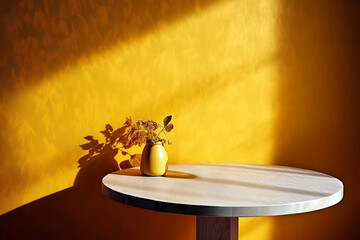 empty table in with mustard yellow texture wal. interior background for presentation.