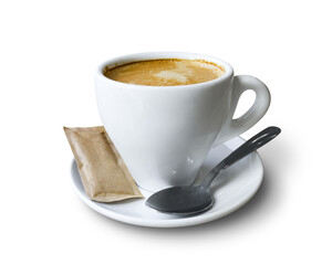 Coffee cup with saucer, teaspoon and a packet of brown sugar isolated on empty background