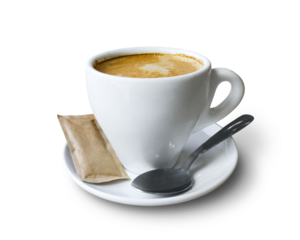 Coffee cup with saucer, teaspoon and a packet of brown sugar isolated on empty background