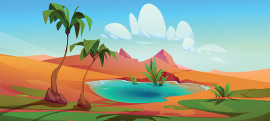Palm tree in desert oasis cartoon vector landscape background. Water in sahara lake egyptian summer mirage. African heat season image. Illustrated arabian nature scene wallpaper for game journey