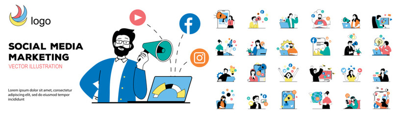 Social media marketing concept with character situations mega set. Bundle of scenes people analyzing trends, creating promotion strategy and advertising online. Vector illustrations in flat web design - obrazy, fototapety, plakaty