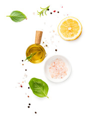 Various herbs and spices, oil in white bowl and half of lemon isolated. - 626818352