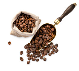Scoop of coffee beans and a bag with coffee beans isolated. Coffee in scoop. Top view of coffee.
