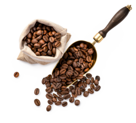 Scoop of coffee beans and a bag with coffee beans isolated. Coffee in scoop. Top view of coffee.