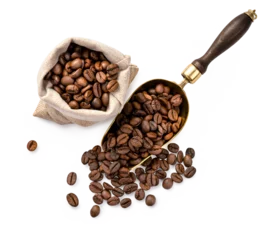 Tuinposter Scoop of coffee beans and a bag with coffee beans isolated. Coffee in scoop. Top view of coffee. © Tatyana Sidyukova