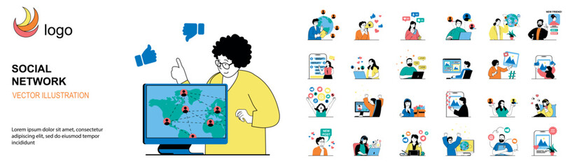 Social network concept with character situations mega set. Bundle of scenes people communicate online, finding and add new friends, sending messages and likes. Vector illustrations in flat web design