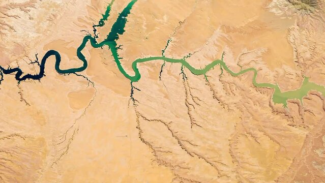 Satellite view of Lake Powell. A view from space of a lake in a drought. Elements of this video furnished by NASA.