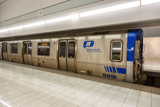 PATH Port Authority Trans-Hudson commuter train public transport at World Trade Center WTC station in New York, United States