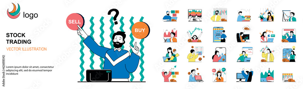 Poster stock trading concept with character situations mega set. bundle of scenes people analyzing financia