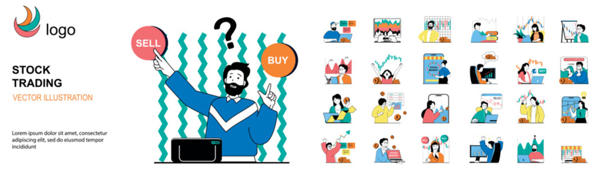 Stock trading concept with character situations mega set. Bundle of scenes people analyzing financial graphs, investing money in stock market, buy and sell. Vector illustrations in flat web design