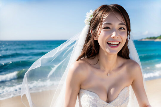 リゾートウェディングで幸せそうな笑顔の日本人の花嫁(美人モデル)