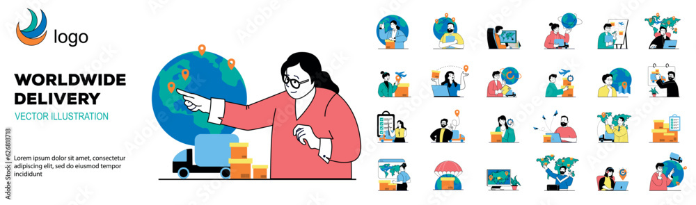 Poster worldwide delivery concept with character situations mega set. bundle of scenes people shipping parc