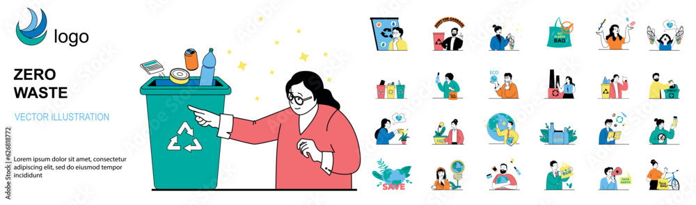 Aufkleber Zero waste concept with character situations mega set. Bundle of scenes people sorting garbage, reusable and recycling, take care of environment and ecology. Vector illustrations in flat web design