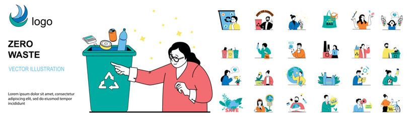 Zero waste concept with character situations mega set. Bundle of scenes people sorting garbage, reusable and recycling, take care of environment and ecology. Vector illustrations in flat web design