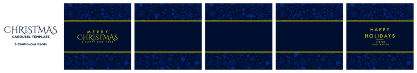 Set of 5 Christmas Social Media Template for Carousel Ads with copy space. Monochromatic Blue Christmas Pattern design, snowflakes, gifts, snowman, wreaths. Editable Vector Illustration. EPS 10. © Ja Creatives