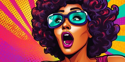 vibrant comic illustration of a black woman shouting on colorful pop art backdrop, Generative AI © avrezn