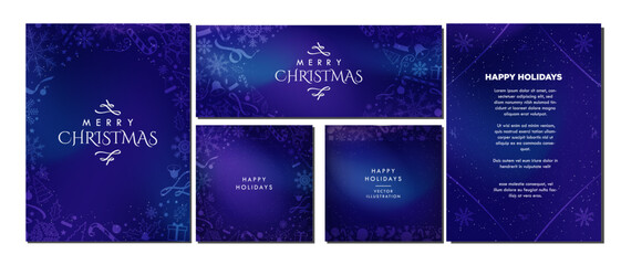 Stylish Christmas theme Backgrounds in blue gradient background and decorated with soft white Christmas elements. Beautiful minimalist Winter templates. Card, banners, posters. Vector Illustration.