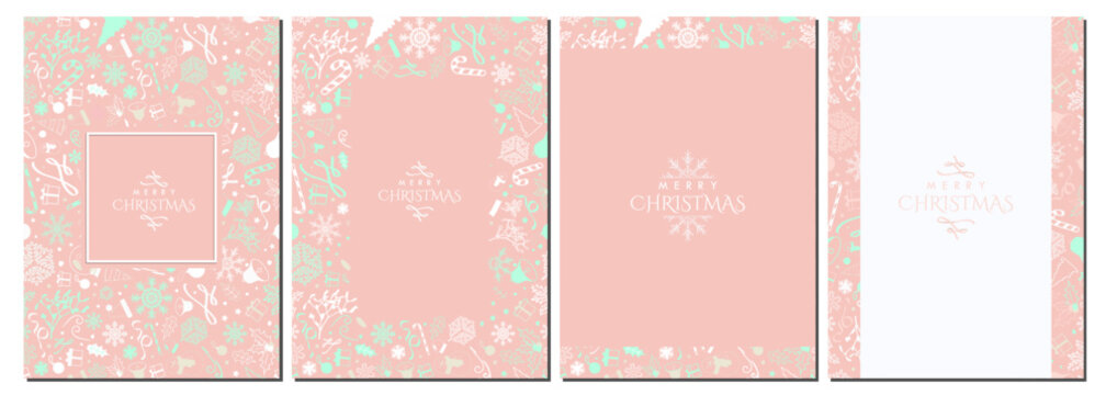 Set of White and Peach Pastel Christmas Background Designs. Beautiful White Christmas Templates with Christmas elements in yellow, peach, magenta. A4 Posters, Greeting Cards, Banners. Vector Art