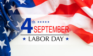 Fototapeta na wymiar US Labor Day banner template illustration. US labor day celebration with blurred satin american flag on blue background