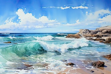 Illustration of an idyllic beach with palm trees