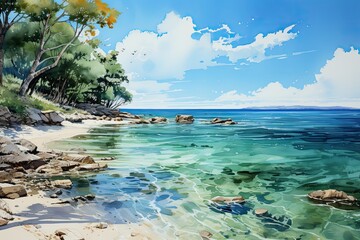 Illustration of an idyllic beach with palm trees