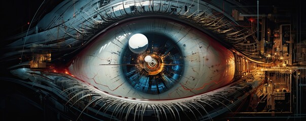 Robotic blue eye,realistic close up view, panorama. Generative Ai.