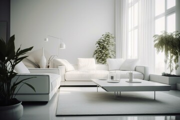 Modern all-white living room with a couch and coffee table. Generative AI
