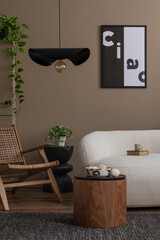 Aesthetic composition of cozy living room interior with mock up poster frame, black lamp, wooden coffee table, rattan armchair, boucle sofa, rug, plants and personal accessories. Home decor. Template.