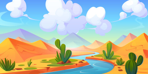 Desert river landscape with sandy dunes and cacti on banks. Vector cartoon illustration of natural background with exotic vegetation, silhouettes of Egyptian pyramids on horizon, clouds in sunny sky