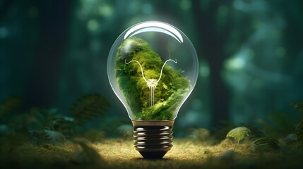 Eco friendly lightbulb glowing light with green forest inside with nature background, Green Energy, Generative AI