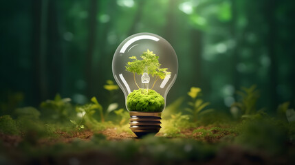 Eco friendly lightbulb glowing light with green forest inside with nature background, Green Energy, Generative AI