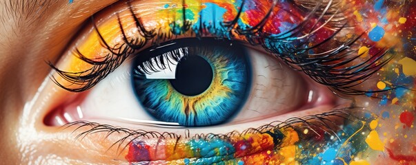 Close-up view of multi colorful human eye, panorama. Generative Ai. - obrazy, fototapety, plakaty