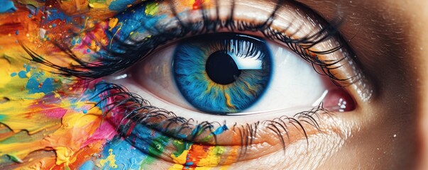 Close-up view of multi colorful human eye, panorama. Generative Ai. - obrazy, fototapety, plakaty