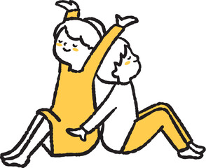 背中合わせで腕を伸ばしている姉と弟