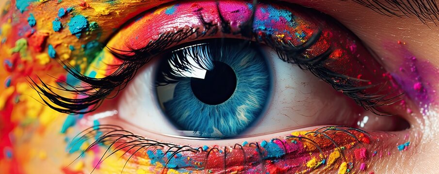 Close-up view of multi colorful human eye, panorama. Generative Ai.