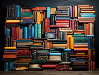 Tomato teal turquoise cyan gold photography, abstract white brown pink yellow illusion of books in hyper-realistic black grey red. Generative AI.