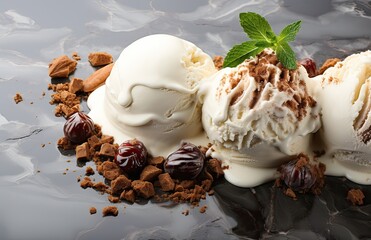 Homemade Organic Fresh fruit ice cream with special creamy ice cream. Available in raspberry, berry, blueberry, strawberry, walnut, pistachio, chocolate, Matcha, Mint.AI Generative.