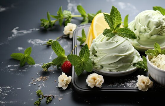Homemade Organic Fresh fruit ice cream with special creamy ice cream. Available in raspberry, berry, blueberry, strawberry, walnut, pistachio, chocolate, Matcha, Mint.AI Generative.